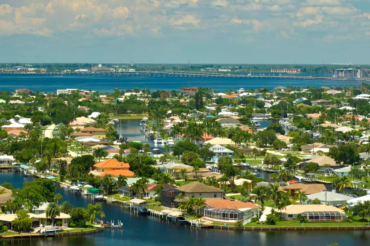 Aerial view of Southwest Florida waterfront homes